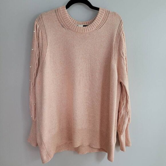 peach pink 2X crew neck sweater balloon sleeve pearl embellishments glam - Picture 1 of 10